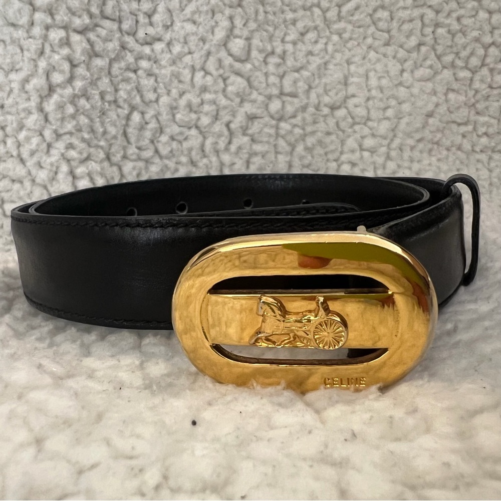 Celine Black Leather Belt with Gold Horse Carriage Buckle